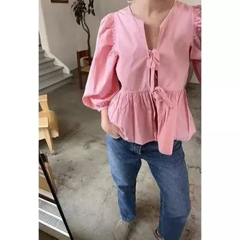 Fashion Wind Summer New Arrival Fashion Wind Lace-up Crew Neck Puff Sleeve Shirt Fashion Sexy Loose Cardigan Top Pink 2XL