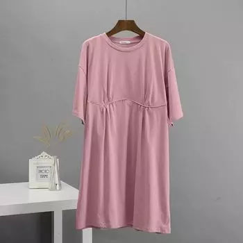 Fashion Wind Summer New Arrival Pure Cotton Dress Casual Loose round Neck A- line Skirt Loose Cotton Dress Pink M/L
