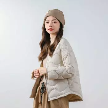 FASHION winter 90 fleece new national standard slim V-neck solid color simple round neck warm down jacket women s jacket Clothes S