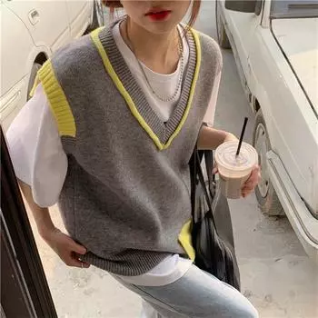 FASHION Winter Autumn V-neck Pullover Fashion Women s Vest Contrast Yellow Gray Stitching Knitted Vest One Size серый