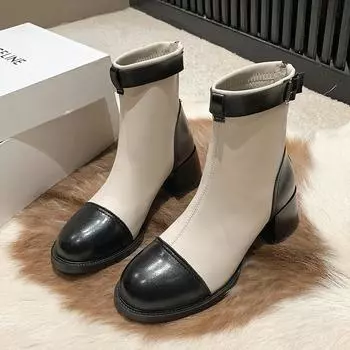 Fashion Winter Back Zipper 2024 Hot Sale New Women s Boots Fashion Square Heel Round Toe Wear Resistant Shoes for Women Botines Mujer 35 бежевый