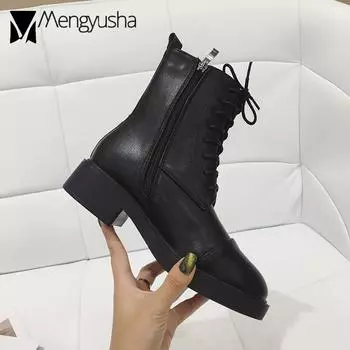 Fashion Winter Boots Women Zipper&Lace-Up Motorcycle Botas PU Leather Botines Mid-Calf Low Square Heels Riding Knight Booties Mujer 5 чёрный