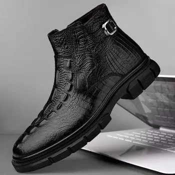 Fashion Winter Business Ankle Boot Fleece Warm High Top Leather Shoes Genuine Leather Chelsea Mens Boots Soft Sole Cracked Leather Boots 37