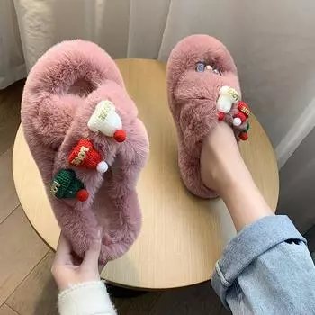 Fashion Winter Christmas Women Furry Slippers Soft Plush Floor Shoes Ladie Cute Indoor Cross Fluffy Slippers Flip Flop House Slides 35