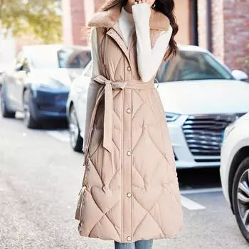 Модное зимнее пальто Женский теплый длинный жилет с капюшоном Элегантный меховой воротник Толстая безрукавная парка M чёрный