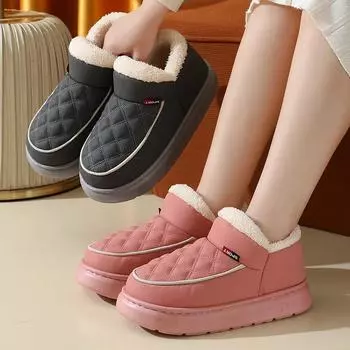 Fashion Winter Couple Style Wrap Heels Plush Slippers Women Waterproof Fluffy Furry Home Slides Women Men Home Casual Warm Cotton Shoes 36-37