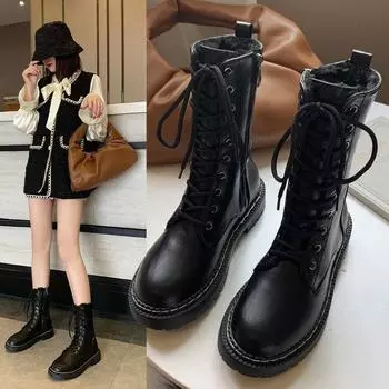 Fashion Winter Fashion Women s Boots Lace Up Calf Round Head Women s Boots Black Mid Heel Square Heel PU Women Shoes 35 чёрный