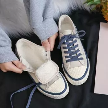 Fashion Winter flat-heeled round toe low-top women s canvas shoes with fur warm shoes casual white shoes plus velvet sneakers P413 35 бежевый
