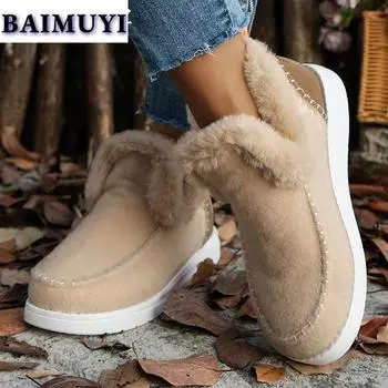 fashion Winter Flats Fur Ankle Snow Women Platform Snow Boots Casual Sneaker Suede Warm Walking Shoes 2025 Winter Trend Plush Zapatos 36 бежевый