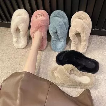 Fashion Winter Fluffy Cross Thick Bottom Cotton Slippers for Women 2024 Women s Flat Flat Comfortable Indoor Cotton Slippers 35 чёрный