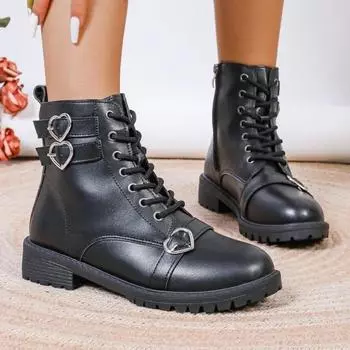 fashion Winter Heart-shaped Women s Boots Lace-up Ankle Shoes for Women 2024 New Buckle Low Heel Solid Shoes Women s Boots Botas 36 чёрный