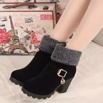 Fashion Winter High Heel Boots Warm Plush Square Heels Winter Shoes Women s Boots Ladies Fashion Brand Ankle Snow Boots 2024 4 чёрный