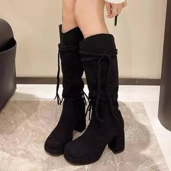 модные зимние сапоги на высоком каблуке до колена замшевые женские туфли 2025 года новые трендовые туфли челси толстые модные повседневные туфли для ходьбы зимние туфли-лодочки Botas Mujer 35 чёрный