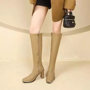 Fashion Winter High-quality Women s Boots Fashionable and Versatile Pointed Toe Solid Color Mid-heel Side Zipper Women s High Boots 35 хаки