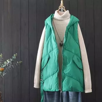 FASHION winter hooded down vest women s loose fashion white duck down streamer vest warm sleeveless down Clothes one size fits all зелёный