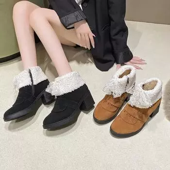 Fashion Winter Lace Bow Ankle Boots Women Shoes Square Heel Non-slip Womens Short-tube Modern Shoes Plus Velvet Thick Heel Ladies Boots 35