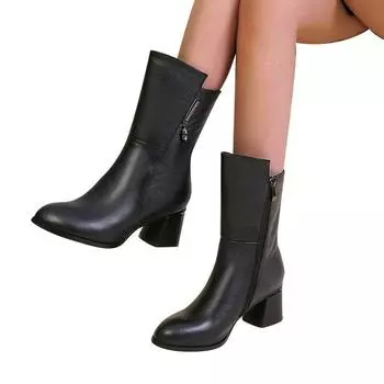 Fashion winter leather boots women Lady Warm Fretwork Heels Winter Retro Zip Short Plush Inside Shoes Boots 35 чёрный