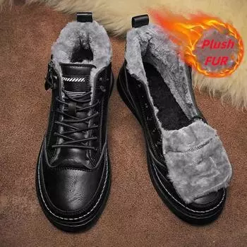 Fashion Winter Leather Men s Boots Platform Warm Fur Ankle Short Lace Up Fashion Novelty Concise Casual Work Shoes Botas 2024 39