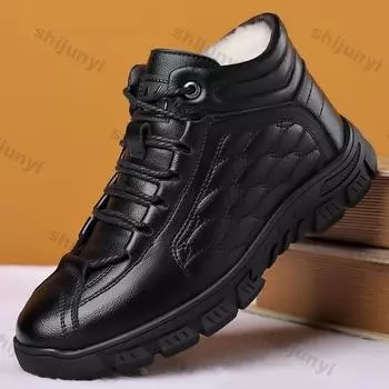 Fashion Winter Leather Platform Plus Velvet Boots for Men Fashion Soft-soled Casual Men s Ankle Boots Luxury Designer Board Shoes 38 чёрный