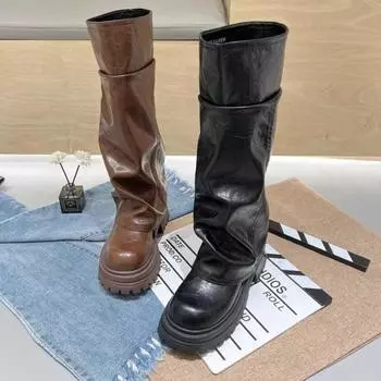 Fashion Winter Leopard Ladies Knee Length Boots Round Head 2024 Hot Sale New Wear Resistant Non-slip Fashion Outdoors Women Shoes 35 чёрный