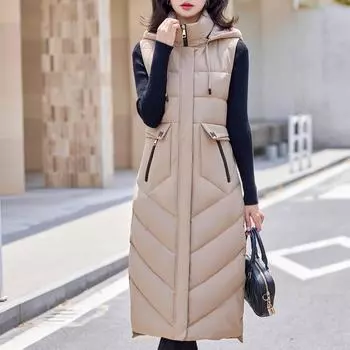 Модный зимний длинный жилет для женщин, верхняя одежда с капюшоном, элегантное толстое теплое зимнее пальто, женская парка без рукавов L чёрный