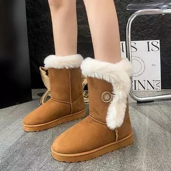 Fashion Winter Mid-calf Boots Thick Plush Thick Sole Non-slip Fashion Solid Color Button New Women Boots Classic Retro Brown Long Boots 36 жёлтый