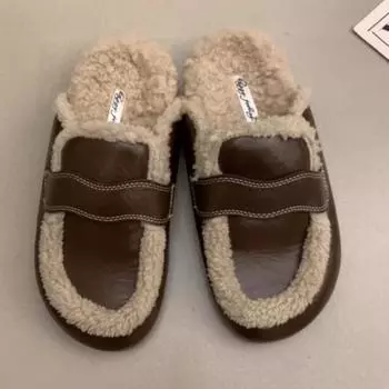 Fashion Winter new Baotou slippers women s round head deep mouth splicing soft sole anti-slip wear-resistant flat shoes 35 чёрный