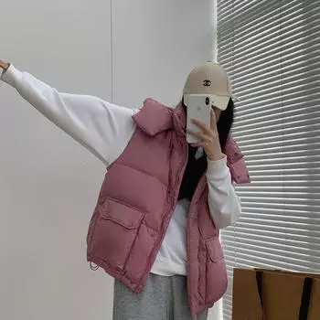 FASHION winter new hooded big pocket down vest women s 2024 Korean version thick warm short vest winter tide Clothes S розовый