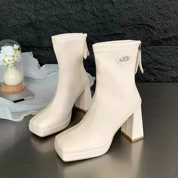 Fashion Winter New Thick Heel Cotton Boots Women s Fashion Square Head Thick Sole Back Zipper Style Short Boots 35 бежевый