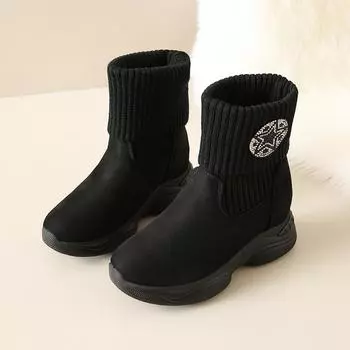 Fashion Winter New Thick Snow Boots Women s Round Head Suede Knitted Sleeve Soft Sole Anti-slip Wear-resistant Short Boots 35 чёрный