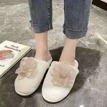 Fashion Winter New Women s Home Solid Color Flower Decorated Fluffy Furry Cotton Slippers 36-37 бежевый