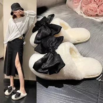 Модные зимние новые женские домашние однотонные банты с украшением из пушистого хлопка 36-37 чёрный