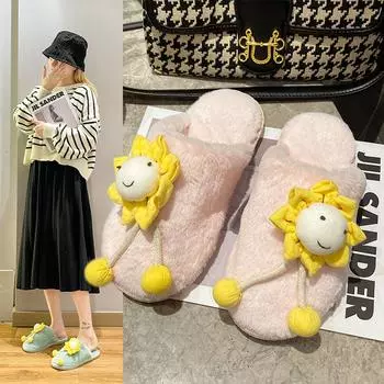 Fashion Winter New Women s Home Solid Color Sunflower Smiley Decorated Fluffy Furry Cotton Slippers 36-37 чёрный