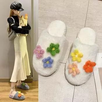 fashion Winter New Women s Home Solid Color Flower Decorated Fluffy Furry Cotton Slippers 36-37 чёрный