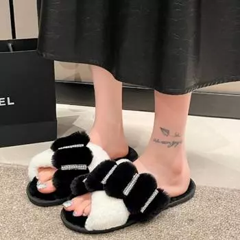 fashion Winter New Women s Home Warm Non-slip Fluffy Furry Color-blocked Rhinestone Pearl Decorative Cotton Mop 36-37 чёрный