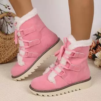 fashion Winter Non-Slip Warm Snow Boots for Women Lace Up Thicken Plush Cotton Padded Shoes Woman Solid Color Fluffy Platform Boots 2024 36 бежевый