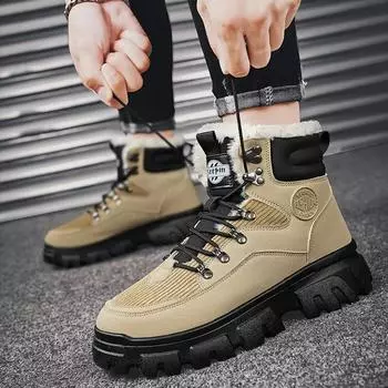 Fashion Winter Plus Velvet Warm Snow Boots for Men Simple Lace-up Cold-proof Casual Ankle Boots Outdoor Comfortable Plush Cotton Shoes 39 хаки