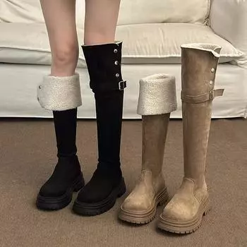 модные зимние плюшевые женские ботфорты до колена, модные слипоны, длинные ботильоны, осенне-зимние женские теплые хлопковые туфли 35 хаки