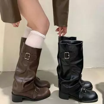 мода Зимние женские сапоги в стиле панк до колена Модные длинные сапоги с пряжкой на поясе в рыцарском стиле Дизайнерские толстые каблуки Botas De Mujer 35 коричневый