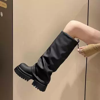 Fashion Winter Punk Style Women Knee High Boots Fashion Slip On Knight Long Booties Ladies Platform Thick Heels Botas Mujer 35