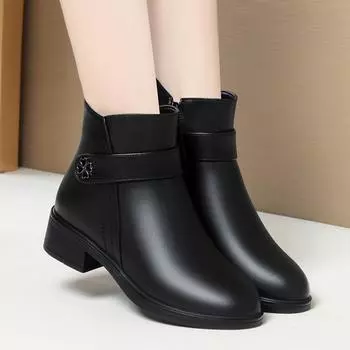 Fashion Winter Pure Black Round Toe Soft Leather Plus Velvet Warm Boots Side Zipper Wedges Concise Metal Decoration Lucky Symbol Boots 35(Foot22.5cm)