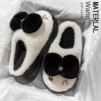 Модные зимние тапочки для дома, пушистые женские, с бантом, теплые, меховые, плюшевые, нескользящие, для дома, ленивые, мягкие, женские, термообувь для дома, на плоской подошве, новинка 2024 г. 36-37 чёрный