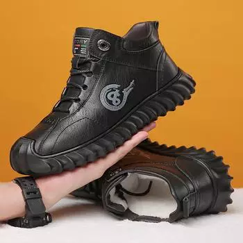 Fashion Winter Snow Boots for Men Cow Leather High Top Warm Cotton Shoes Male Fashion Casual New Designer Round Head Ankle Boots Men 38
