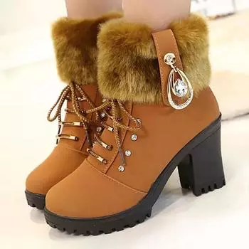Fashion Winter Snow Boots For Women Medium Heel Elegant Lady Fashion Boos Thick Warm Faux Fur Plush Boots 2024 Trend Fashion Boots 35 чёрный
