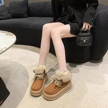 fashion Winter Solid Ladies Shoes Slip-on Round Toe Boots Solid Platform Shoes for Women Casual Turned-over Warm Booties Botas De Mujer 35 чёрный