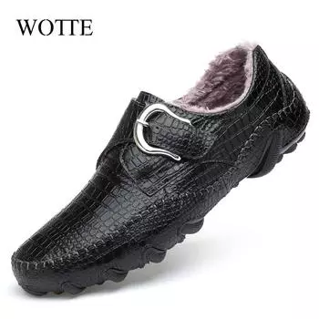 Fashion Winter Warm Fur Loafers Men Leather Casual Shoes Men Walking Footwear Non-slip Thick Sole Warm Men Sneakers Leather moccasins 6.5