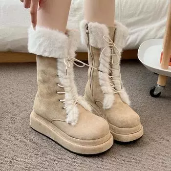 Fashion Winter Warm Plush Thick-soled Women s Snow Boots Lace-up 2024 Hot Sale Mid Heel Water Proof Casual Comfortable Women Boots 35 хаки