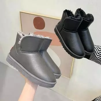 Fashion Winter Warm Snow Boots with Velvet Leather Face Mid Top Boots, Waterproof Thick Bottom Anti Slip Large Women s Boots 36-37 серый