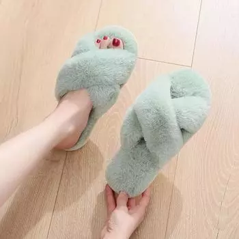 Fashion Winter Women Furry Slippers Fashion Warm Faux Fur Cross Plush Slippers Leisure Comfort Non Slip Indoor Floor Flat Cotton Shoes 36-37 белый
