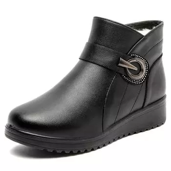 Модные зимние женские ботильоны из натуральной кожи, женские толстые плюшевые теплые зимние сапоги для мам, водонепроницаемые нескользящие ботинки больших размеров 35 чёрный